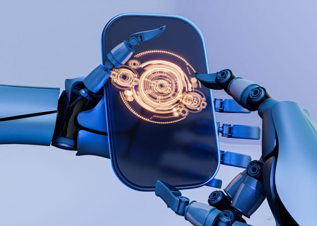 ai-technical-drawing-FP Closeup of robotic hands holding smartphone with technical drawing