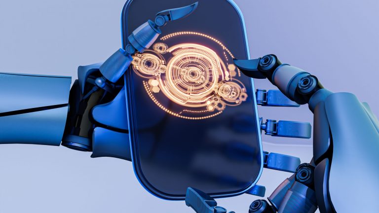 Closeup of robotic hands holding smartphone with technical drawing