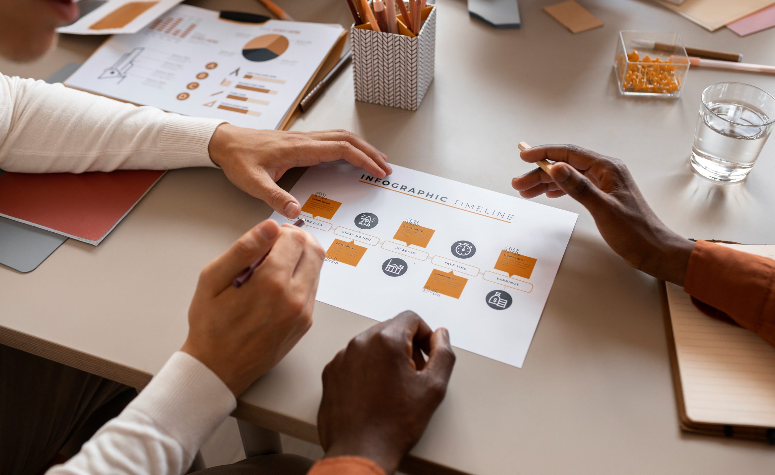 Closeup of hands pointing at graphic illustrate blog "What Is a Timeline in Project Management?"