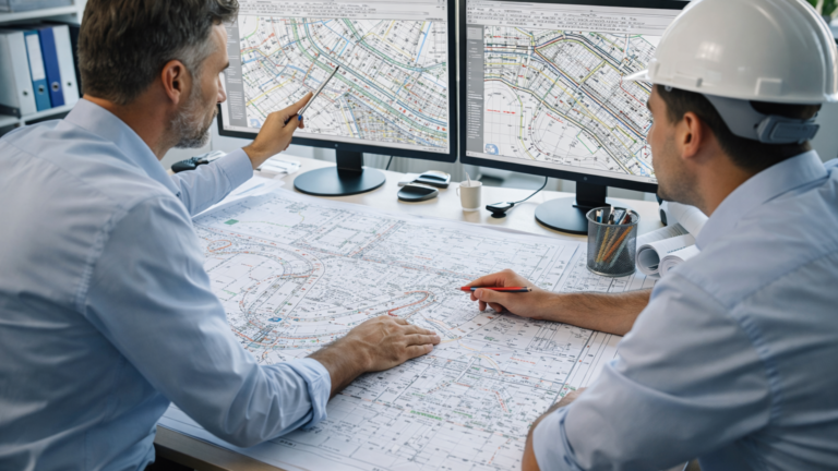Civil engineers using specialized drafting services to review technical CAD drawings