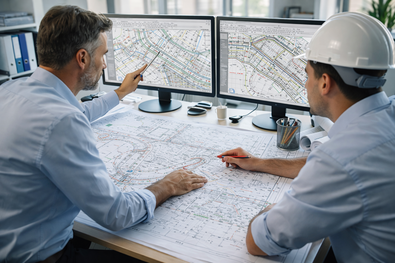 Civil engineers using specialized drafting services to review technical CAD drawings