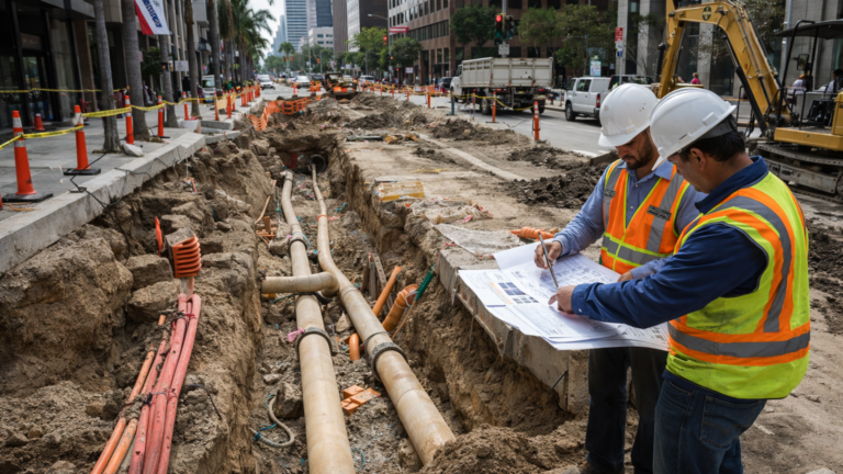 Engineers reviewing plans at construction site utility coordination design in dense California urban corridor