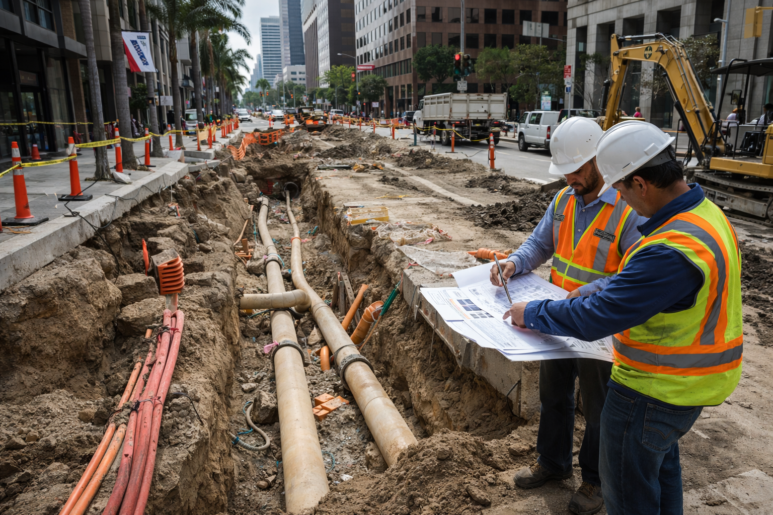 Engineers reviewing plans at construction site utility coordination design in dense California urban corridor