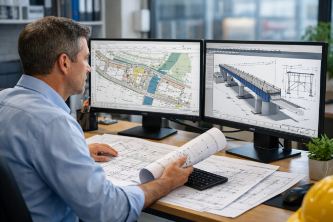 Civil engineer reviewing construction plans engineer working on plan check approvals California using CADD drawings