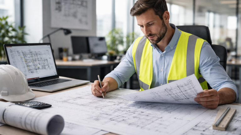 Engineer reviewing technical blueprints at desk engineer preparing technical drawings California DOT for project approval