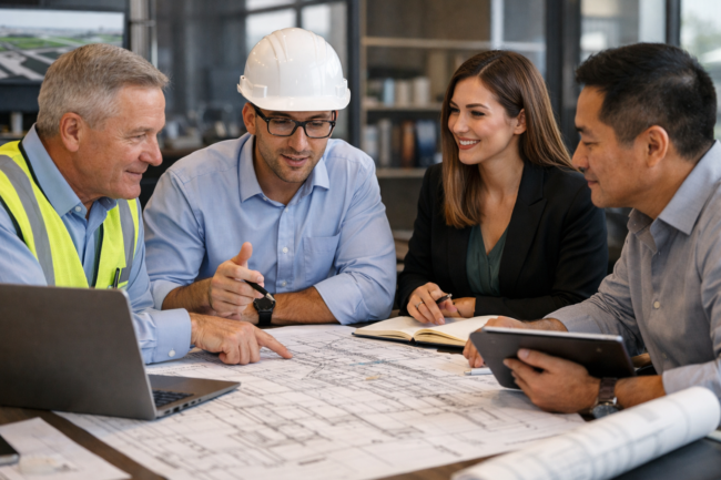 technical consultants infrastructure team reviewing engineering plans in office