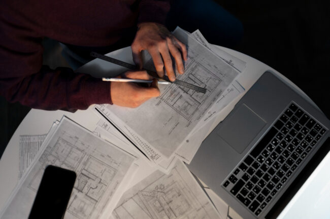 engineer reviewing as-built drawings for infrastructure project accuracy