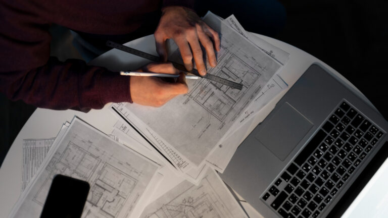 2150280995 engineer reviewing as-built drawings for infrastructure project accuracy