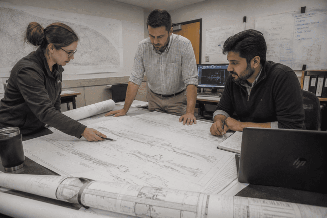 Technical team solving civil drafting challenges during plan coordination