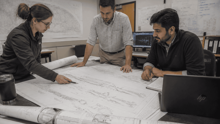 Technical team solving civil drafting challenges during plan coordination