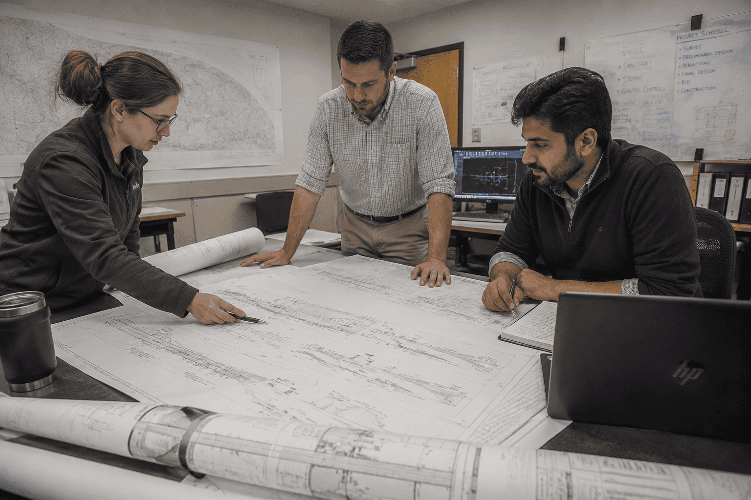 Technical team solving civil drafting challenges during plan coordination