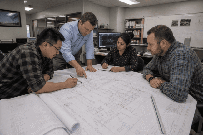 Engineers reviewing redline markups in an engineering workflow meeting