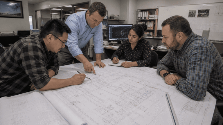 Engineers reviewing redline markups in an engineering workflow meeting