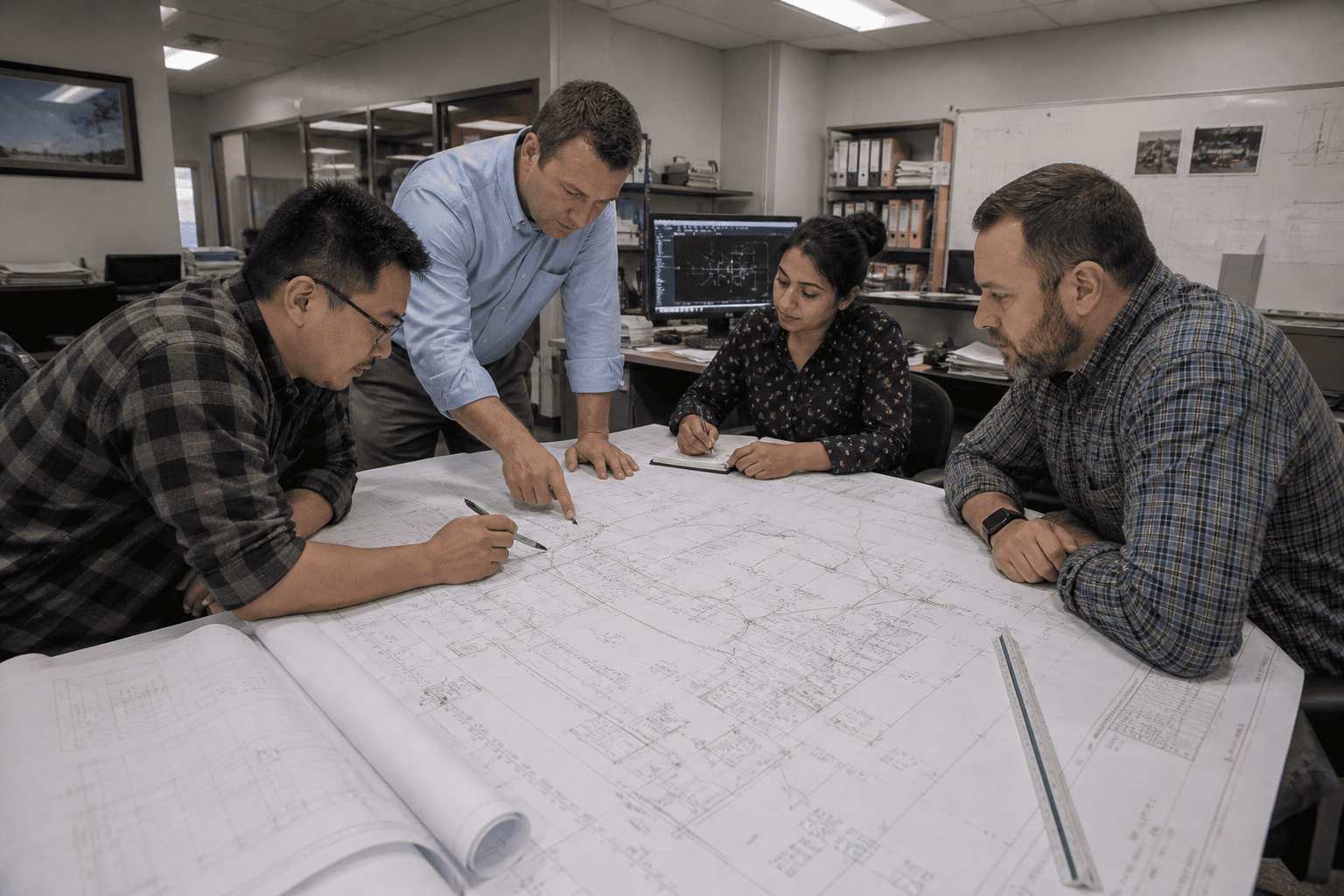 Engineers reviewing redline markups in an engineering workflow meeting