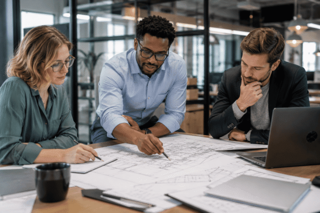image-Team-collaboration-on-architectural-blueprints Project team using technical drawings to reduce RFIs in construction