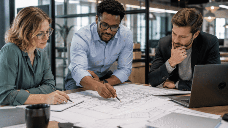 Project team using technical drawings to reduce RFIs in construction