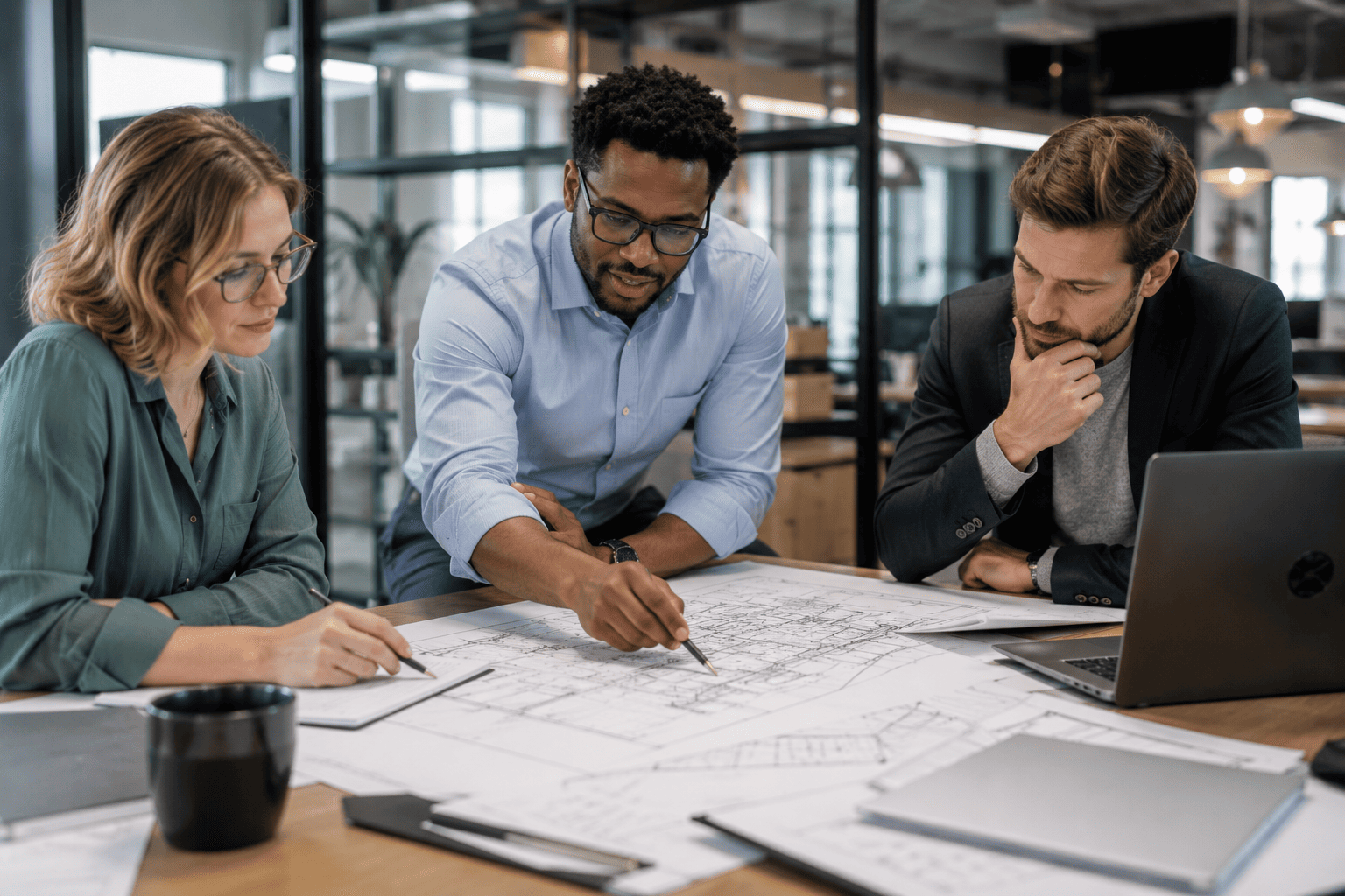 image-Team-collaboration-on-architectural-blueprints Project team using technical drawings to reduce RFIs in construction